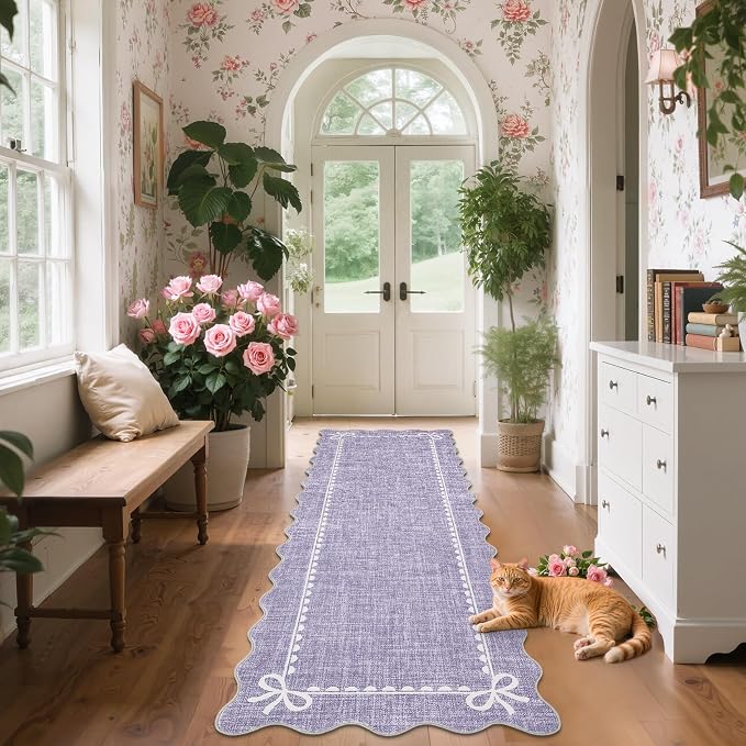 GarveeHome Scalloped Hallway Runner Rug 2x6 Non Slip Bedroom Rugs,Purple | Washable Bow Rug for Girls Dorm Nursery Living Room Entyrway Kitchen, Soft Low Pile Ultra-Thin Stain Resistant Indoor Carpet