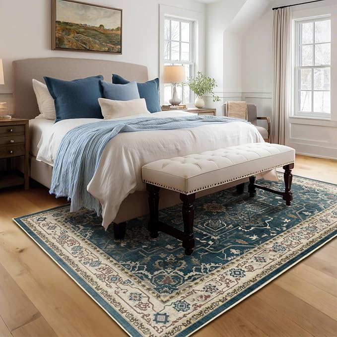 Distressed Vintage 5x7 Area Rugs for Living Room Bedroom Non Slip Washable, Medallion Pattern Printed Low Pile Farmhouse Carpet Rugs for Dining Room/Kitchen/Home Office, Deep Blue/Multi