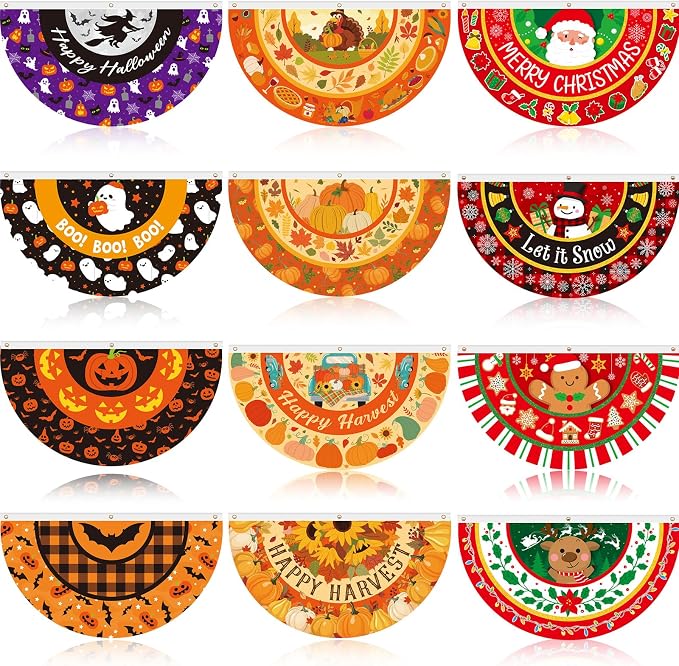 Tudomro 12 Pcs Christmas Bunting Fan Flag for Outdoor 1.5 x 3 ft Christmas Bunting Flag for Outside Santa Claus Snowman Half Fan Hanging Banner Xmas Garden Decoration