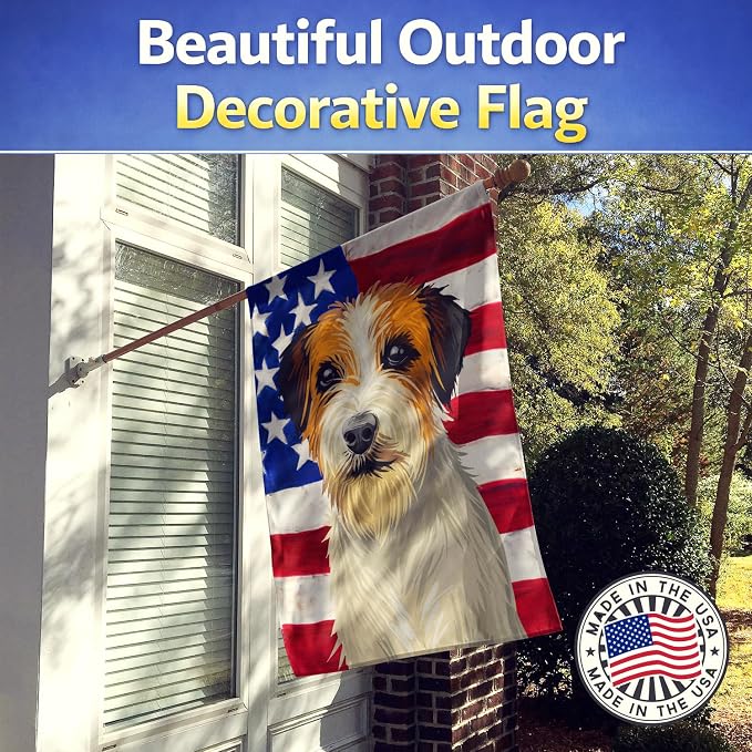 Caroline's Treasures CK6678CHF Russell Terrier Dog American Flag House Flag Large Porch Sleeve Pole Decorative Outside Yard Banner Artwork Wall Hanging, Polyester, House Size, Multicolor