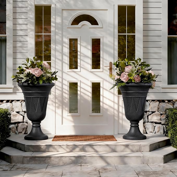 Tall Urn Planters for Outdoor Plants Set of 2-23.6" H Vintage Trophy Design Outdoor Planters for Porch Decor with Drainage Hole, Indoor Large Flower Pots, Pedestal Planter/Garden Vase, Black