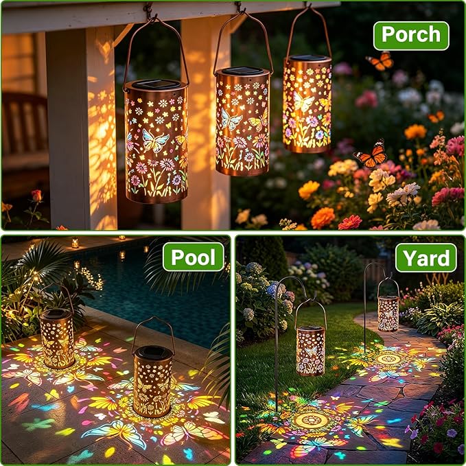 Colorful Butterfly Solar Lanterns Outdoor Waterproof, Garden Decor Gifts for Women Mom Sister Grandma, LED Hanging Solar Lantern Lights Outside for Table Yard Lawn Garden Path Porch Decor