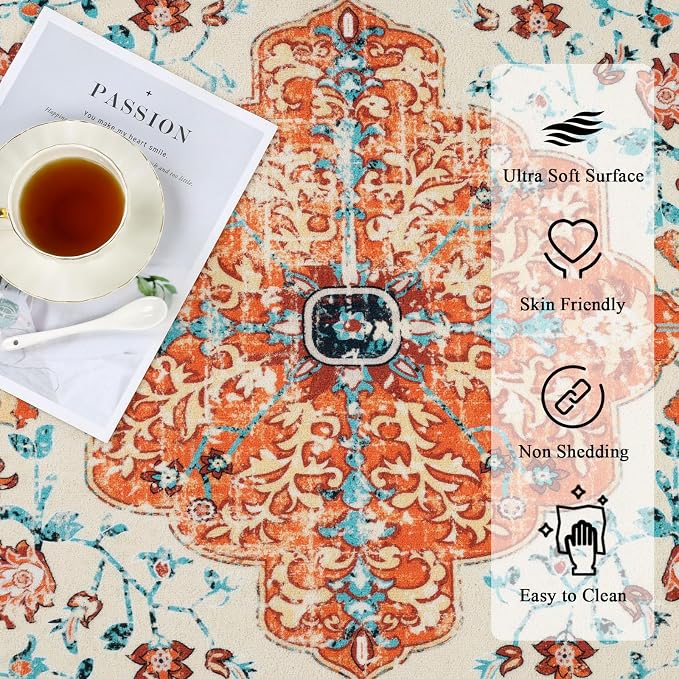 U'Artlines Boho Vintage Area Rug 8x10 Machine Washable Carpet,Orange/Multi | Low Pile, Non Slip, Ultra-Thin Soft Floor Carpet, Accent Rug for Living Room Bedroom Entryway Dining Room Office