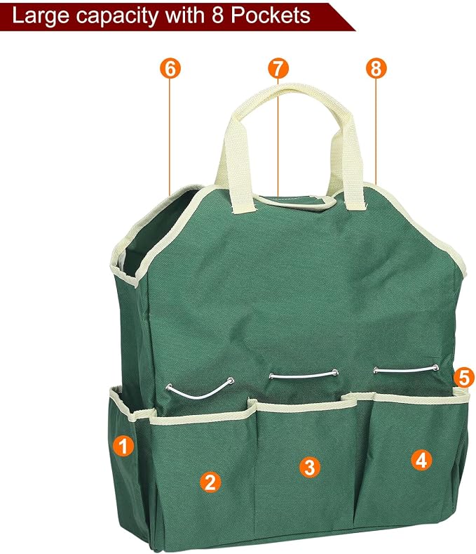 HARFINGTON Garden Tool Bag 14.6" x 5.5" x 16.5" Large Oxford Waterproof with Pockets Garden Tote Bag Gardening Plant Tool Organizer Storage Carrier Store for Outdoor Women Men, Dark Green