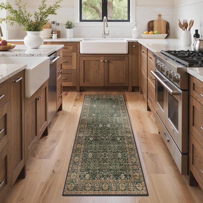 2x7 Kitchen Runner Rug, Washable Non Slip, Dark Green Brown | Vintage Floral Design, Spill Resistant Lightweight Low Pile Carpet for Hallway, Bedroom, Laundry Room, Bathroom