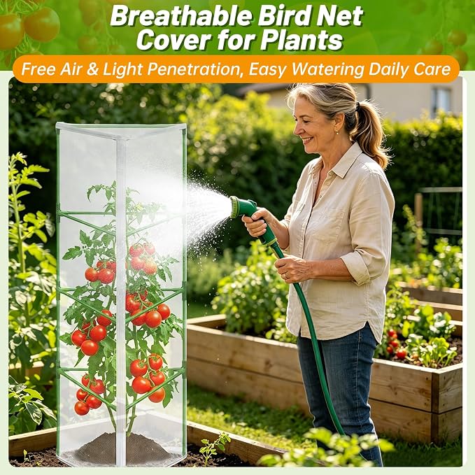 3 Pcs Garden Bird Netting Plant Cover for Triangle Tomato Cage, 67" X 12.6" X 12.6" Tomato Trellis Plant Covers with Zipper & Drawstring for Vertical Climbing Plants, Vegetable and Flowers (No Cage)
