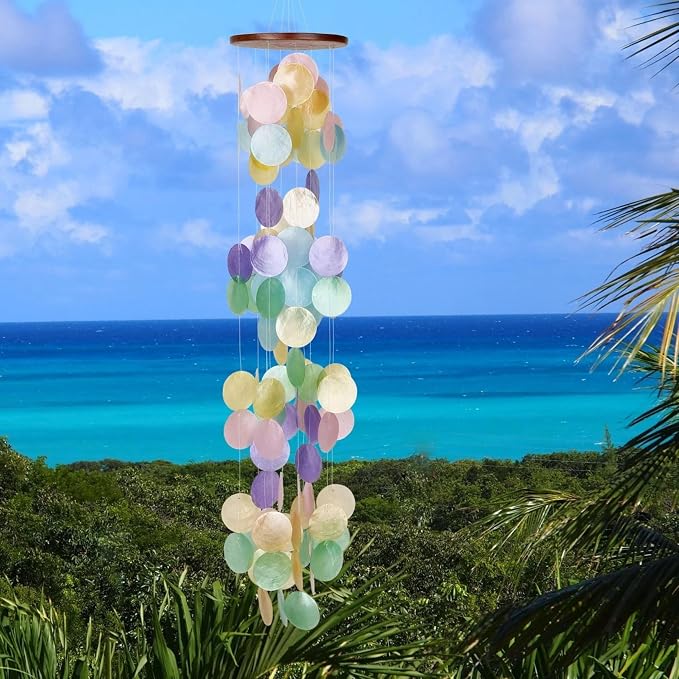 Woodstock Chimes Asli Arts Collection, Capiz Waterfall, 40'' Rainbow Capiz Wind Chimes for Outdoor, Patio, Home or Garden Décor (CWR)
