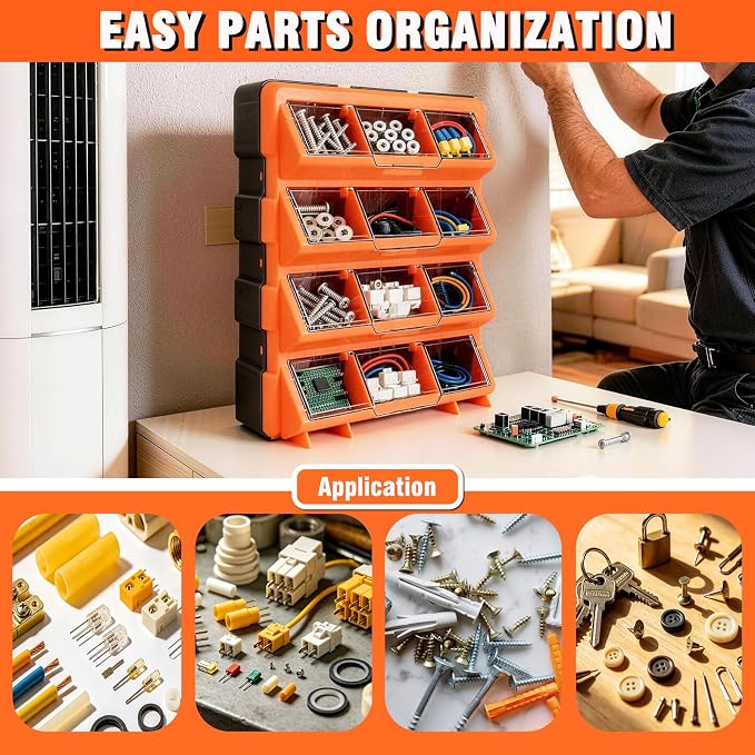 ULIBERMAGNET Tool Box Organizer,12-Compartment Portable Small Parts Organizer for Screws, Bolts,Nails,Washers, Wall-Mounted Hardware Storage Boxes for Garage, Truck, Workshop (Orange)