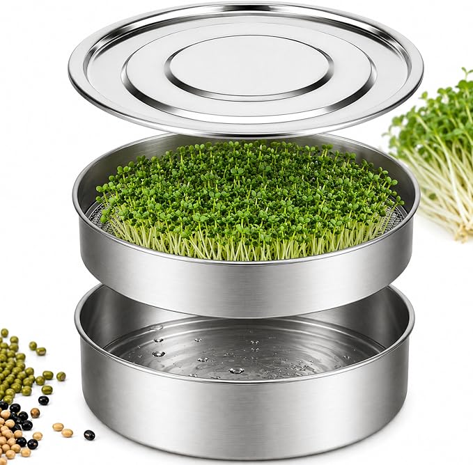 Stainless Steel Sprouting Tray 7,9'' - Round 2-Tier Seed Gardening Planter for Microgreens Broccoli Sprouts Growing Kit Microgreens Tray Germination