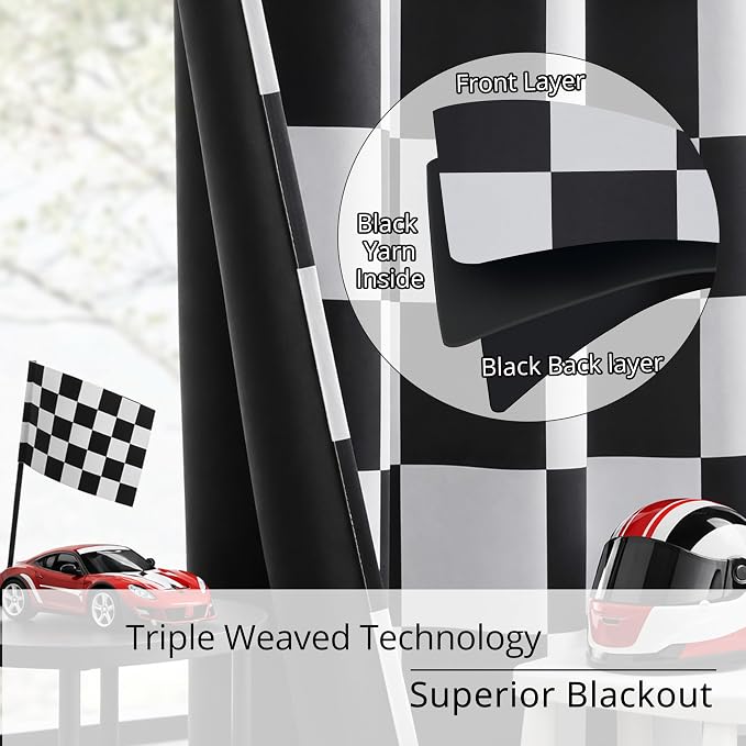 100% Blackout Curtains – Black and White Checkered Race Flag Pattern, 2 Panels, Each W42×L72, Thermal Insulated, Nosie Reducing for Bedroom, Living Room, Race car Drapes