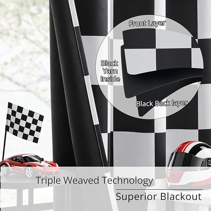 100% Blackout Curtains – Black and White Checkered Race Flag Pattern, 2 Panels, Each W52×L72, Thermal Insulated, Nosie Reducing for Bedroom, Living Room, Race car Drapes