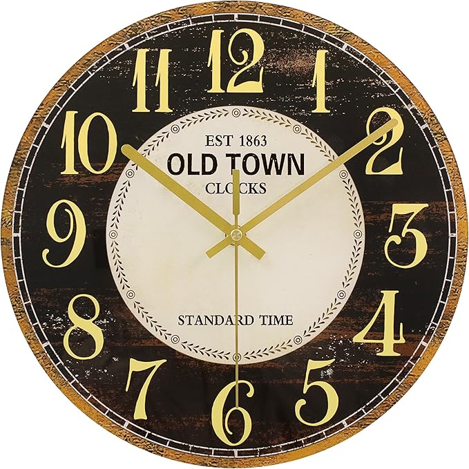 WISKALON Indoor Outdoor Glass Clock 12 Inch Waterproof Retro Vintage French Country Style Wall Clock Battery Operated Silent Non-Ticking for Bathroom Patio Pool Wall Decor Black Gold