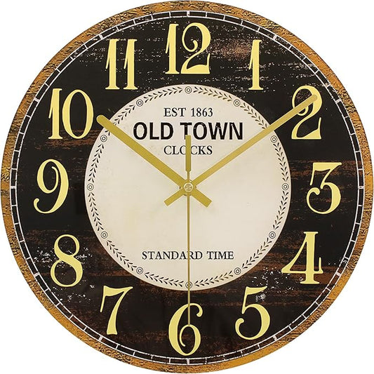 WISKALON Indoor Outdoor Glass Clock 12 Inch Waterproof Retro Vintage French Country Style Wall Clock Battery Operated Silent Non-Ticking for Bathroom Patio Pool Wall Decor Black Gold