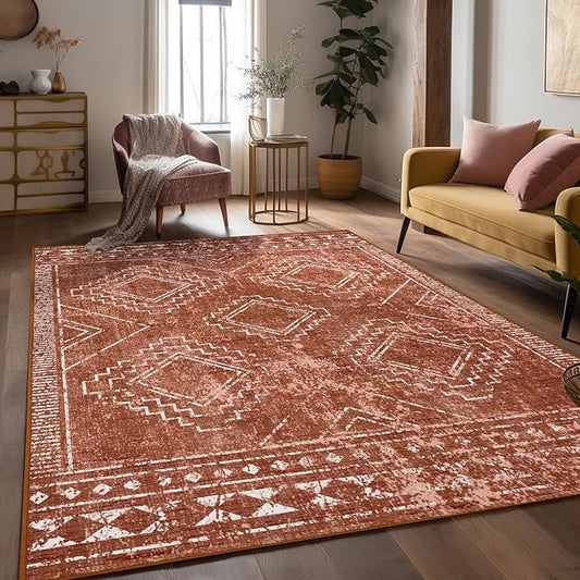 ILANGO Moroccan Area Rugs 5'x7' for Living Room Machine Washable Modern Rugs with Rubber Backing Non Slip Carpet for Dedroom Farmhouse Dining Room, Ultra-Thin, Foldable, Easy Clean