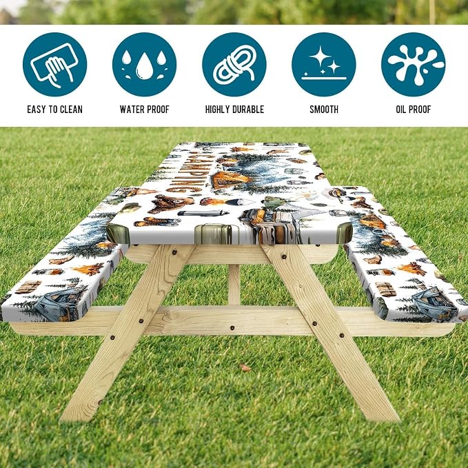 Picnic Table Cover with Bench Covers Camping Tablecloth Fitted Picnic Picnic Table Cover with Elastic Windproof Waterproof, Outdoor & Garden Camping Accessories Essentials 72In 3PCS