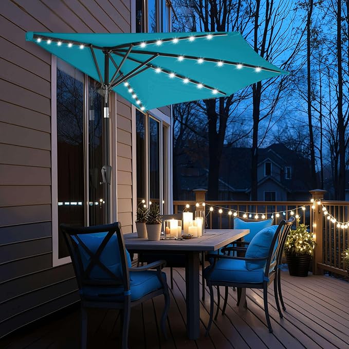 9FT Solar Half Umbrellas Outdoor - LED Half Patio Umbrella with 25 Lights, UV Protection Waterproof, Half Round Umbrella for Wall Balcony, Pool, Porch, Garden, Deck, Backyard, Aqua Blue