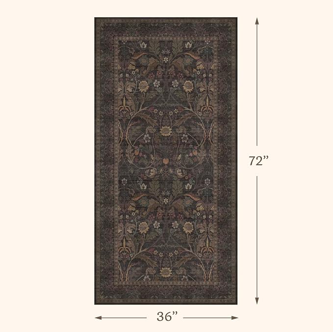 Washable 3x6 Wide Kitchen Entryway Runner Rug Non Slip - Dark Brown Vintage Floral Hallway Rugs, Farmhouse Low Pile Runner for Bedroom, Laundry Room, Bathroom, Kitchen Soft Stain Resistant Carpet