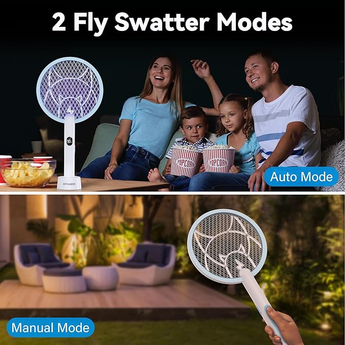 Nymrix Electric Fly Swatter Racket, 2 in 1 Mosquito Bug Zapper 4100V Max Handheld Mosquito Killer with 1800 mAh Rechargeable Battery, Purple Lightand 3-Layer Safety Mesh for Indoor Blue Two-Pack