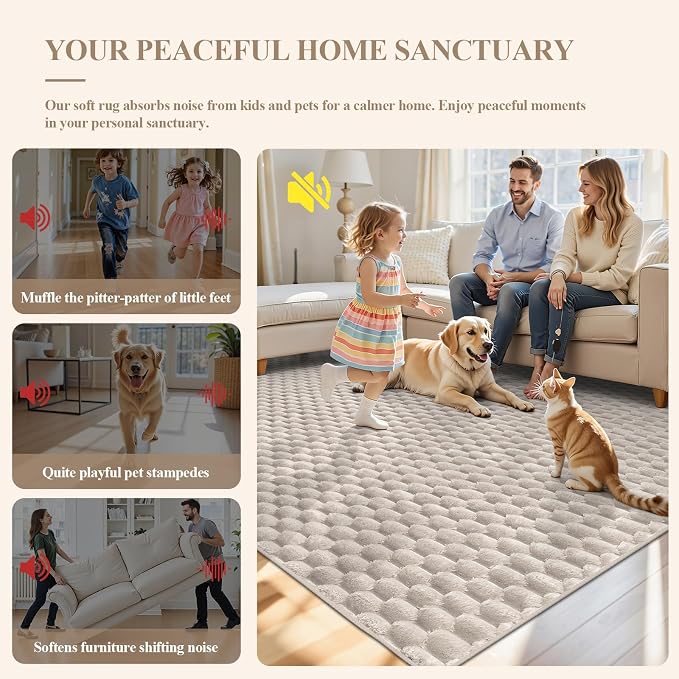 6x9 Area Rug for Living Room, Beige Washable 3D Bubble Bedroom Rug | Non Slip High Low Pile Hexagon Floor Mat for Dorm, Modern Soft Fluffy Carpet for Dining Room, Office and Nursery
