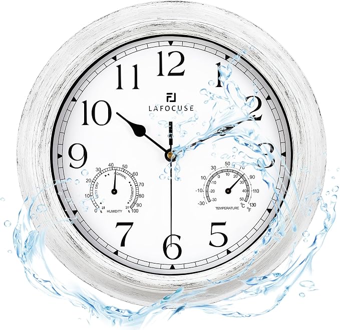 Lafocuse 12 Inch White Outdoor Clocks Waterproof for Patio Pool Bathroom | With Thermometer Combo and Hygrometer, Vintage Rustic Weather Outside Clock for Garden Garage Porch Kitchen, Silent, Accurate