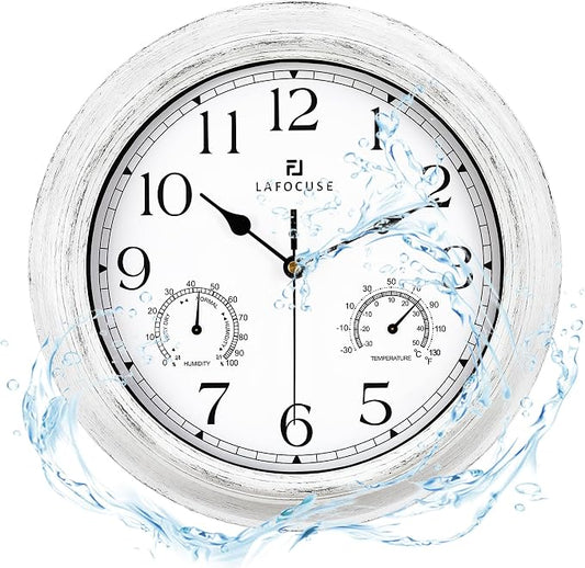 Lafocuse 12 Inch White Outdoor Clocks Waterproof for Patio Pool Bathroom | With Thermometer Combo and Hygrometer, Vintage Rustic Weather Outside Clock for Garden Garage Porch Kitchen, Silent, Accurate