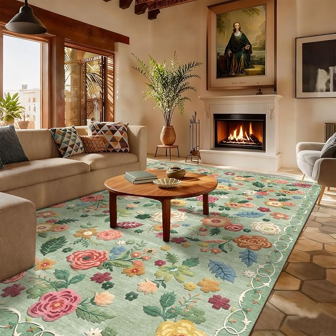 6x9 Area Rugs for Living Room: Washable Bedroom Rug Non Slip Low Pile Soft Faux Wool Non Shedding Lightweight Distressed Vintage Green Floral Large Carpet for Dining Room Entryway Farmhouse Office