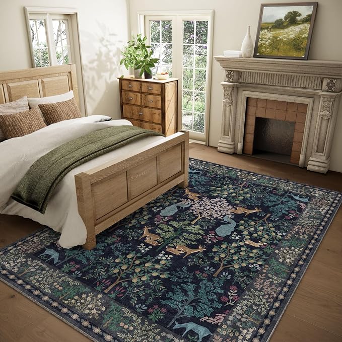 Washable Area Rugs for Living Room: 5x7 Bedroom Rug Vintage Area Rug Stain Resistant Non Slip Low Pile Lightweight Soft Indoor Carpets for Living Room Dining Room Kitchen Nursery Kids Room Farmhouse