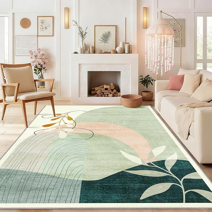 Washable 8x10 Area Rugs Low Pile Non Slip Mid Century Modern Large | Machine Washable Big Throw Carpet for Living Room Dining Room Bedroom Indoor Boho Abstract Retro Geometric Green