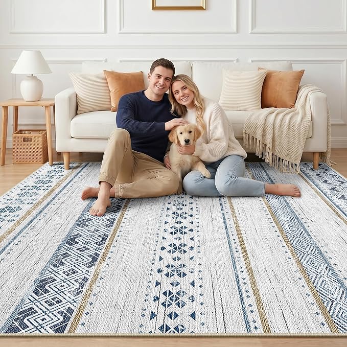5x7 Area Rugs for Living Room Washable Moroccan Farmhouse Neutral Geometric Low Pile Non-Slip Soft Print Pattern Rug for Bedroom Kitchen Dining Room Entryway Blue/Brown | Vacuum Friendly, Machine Washable, Non-Slip Rug, Stain Resistant, Moroccan Geomet...