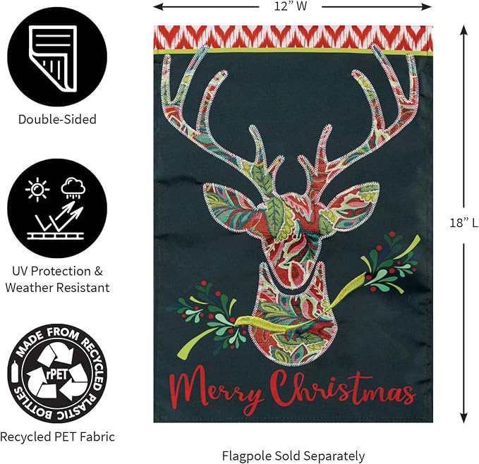 Evergreen Patterned Reindeer Garden Flags 12"x18" Double Sided, Welcome Flags for Outside, Winter Yard Flags, Christmas Decorations for Home, Porch, Yard