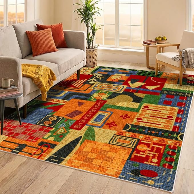 Burnt Orange Geometric Area Rugs for Bedroom, 4x6 Boho Tribal Patchwork Rug | Non Slip Indoor Rugs for Living Room Dining Room Office Home Decor| Southwestern Rustic Rug| Colorful Soft Low-Pile Floor Rug