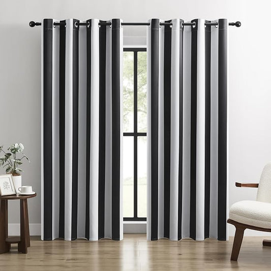 100% Blackout Curtains – Classic Black and White Stripe Curtains, 2 Panels, Each W52×L72, Thermal Insulated, Nosie Reducing for Bedroom and Living Room