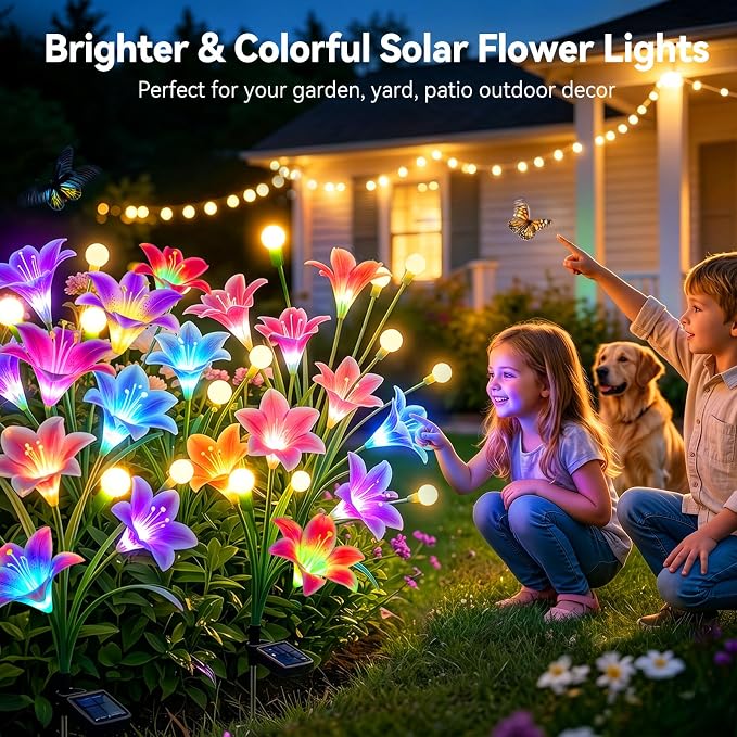 Solar Garden Lights Outdoor: 4 Pack 2-in-1 Color Changing Solar Lily Flower Lights with Firefly Swaying Light, Waterproof Garden Decor for Yard Patio Flowerbed Lawn, Gardening Gifts for Women
