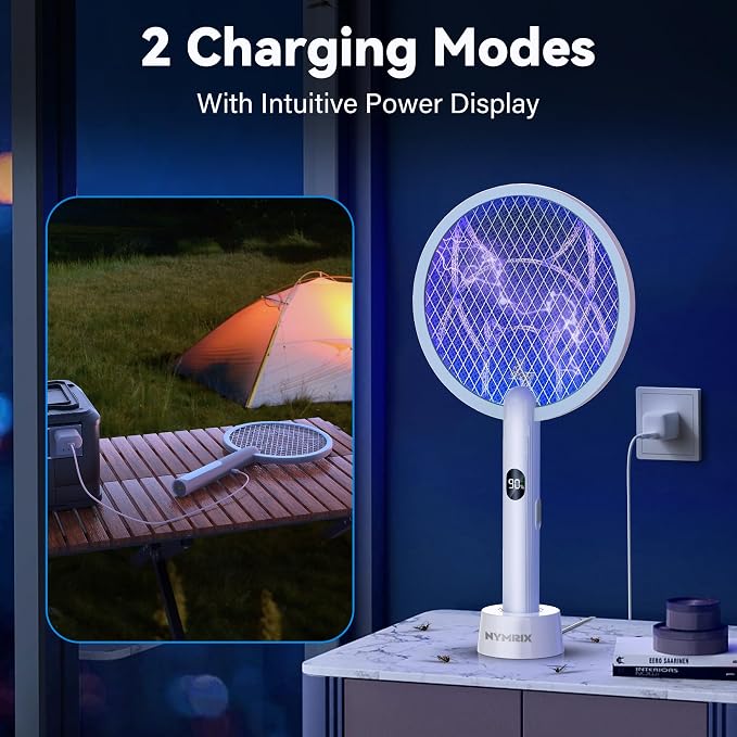 Nymrix Electric Fly Swatter Racket, 2 in 1 Mosquito Bug Zapper 4100V Max Handheld Mosquito Killer with 1800 mAh Rechargeable Battery, Purple Lightand 3-Layer Safety Mesh for Indoor Blue Two-Pack