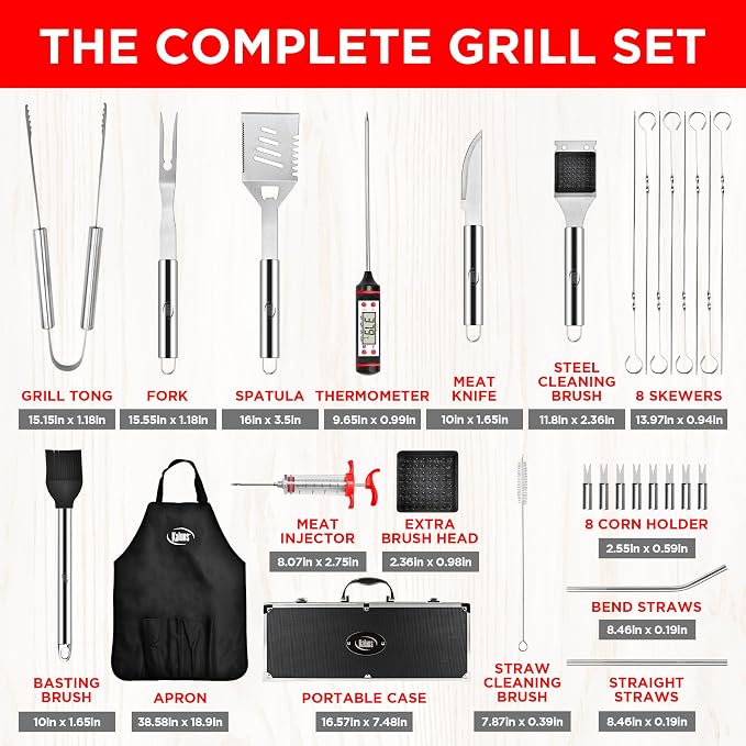 Kaluns 32 Psc Grilling Accessories, Dad Gifts for Fathers Day, Heavy Duty Stainless Steel Grill Set BBQ Grill Accessories for Outdoor Grill with Aluminum Case and Apron, Best Gifts for Men