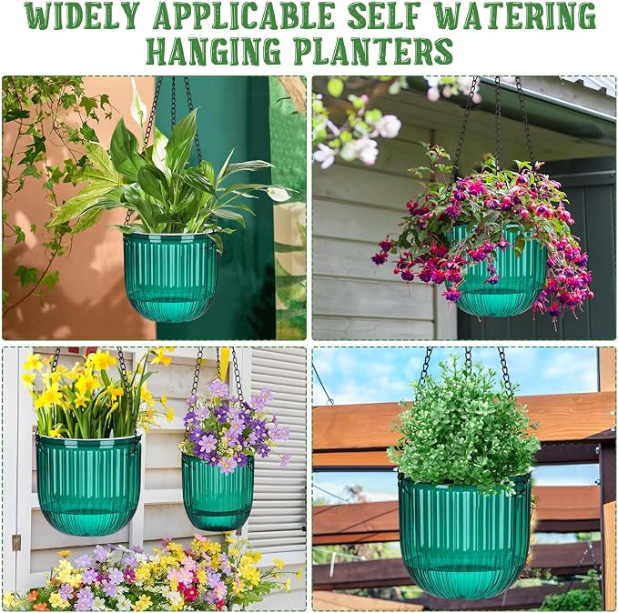 Maxcheck 3 Pcs Self Watering Hanging Planters Indoor Gift 6.9'' 6.5'' 4.5'' Hanging Flower Pots Baskets Outdoor Emerald Self Watering Plant with 3 Hooks Drainage Holes for Home