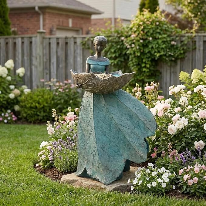 DiliComing Fairy Garden Statues Bird Feeder - 12 Inch Resin Outdoor Fairy Statue for Garden Decor, Decorative Patio Yard Lawn Flower Bed Figurine, Garden Gifts for Women (Green)