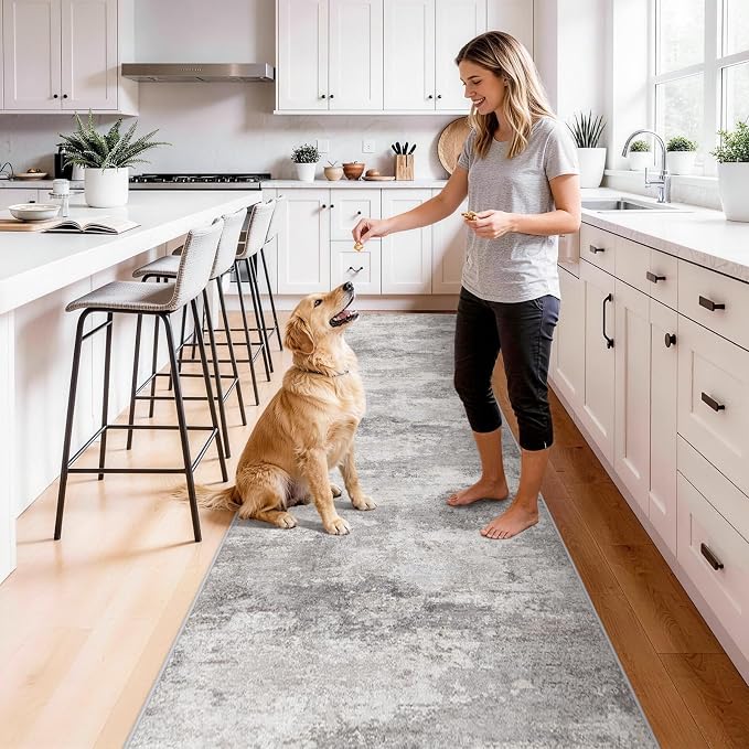 2'6x12 Extra Long Runner Rug: Washable Non Slip Hallway Carpet Grey | Soft Kitchen Rugs Thin Low Pile Floor Mat for Bedroom Abstract Home Decor 2.6x12 Grey