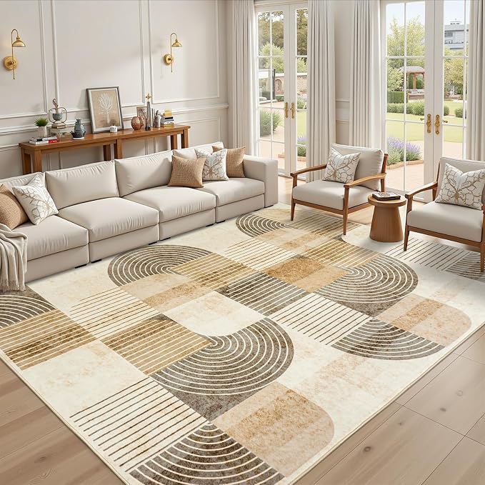 9'x12' Area Rug for Living Room, Washable Modern Abstract Soft Carpet | Low Pile, Indoor Floor Non Slip Stain Resistant Large Carpet for Bedroom Dining Room Farmhouse Nursery Home Office, Beige