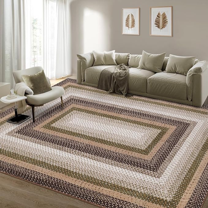 RUGSREAL 9x12 Braided Rug Washable Non Slip Living Room Bedroom Area Rugs | Modern Braid Printed Large Dining Room Rug with Rubber Backing Farmhouse Accent Carpet for Home Decor Office, Moss/Brown