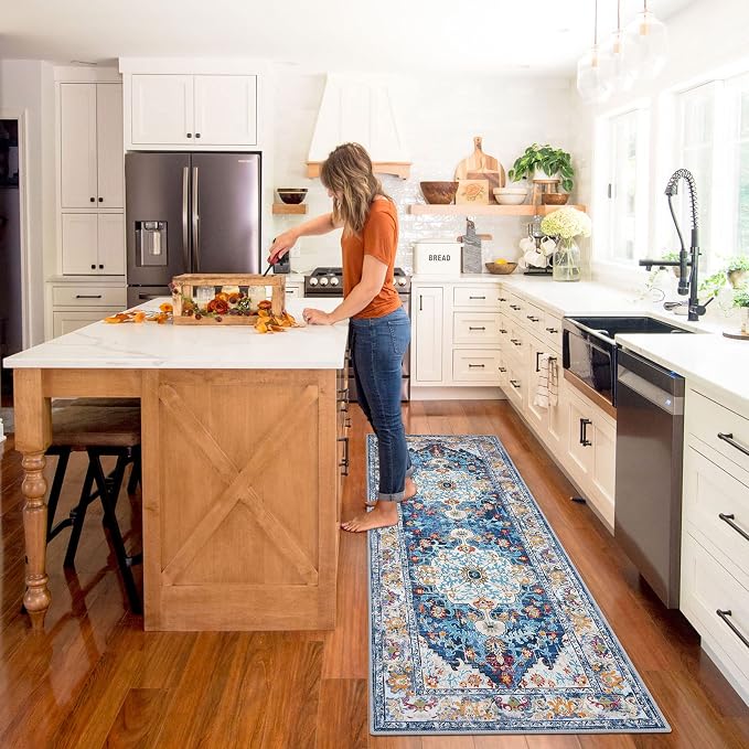 U'Artlines 2' x 6' Boho Hallway Runner Rug Non Slip Washable Runners,Blue | Vintage Farmhouse Kitchen Rug Accent Area Carpet for Entryway Laundry and Living Room