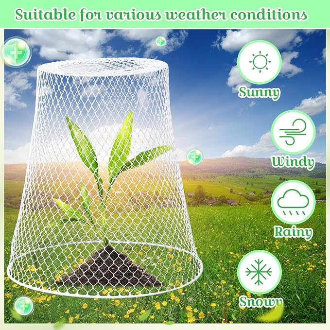 Therwen 15 Pcs Large Plant Wire Cloche 11 x 12 Inch Metal Garden Cloche with Garden Stakes Plant Protector from Animals for Keeping Bunnies Chicken Squirrels Birds (White)