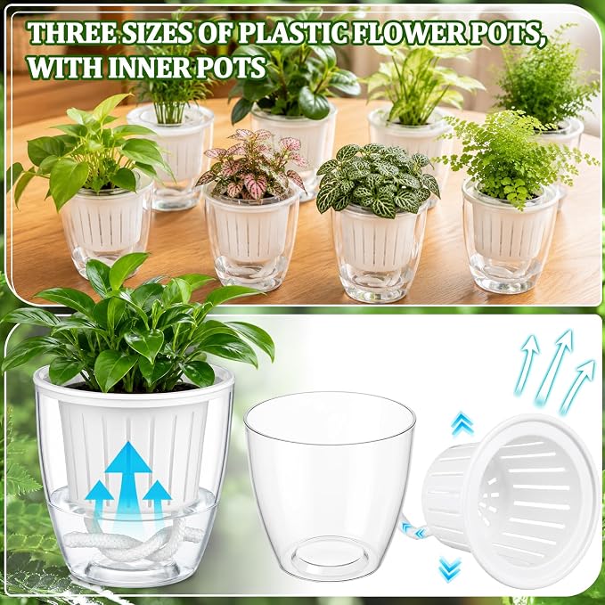 36 Pcs Self Watering Pots 3.5 Inch Plastic Flower Plant Pot with Inner Pot Self Watering Wick Planter White Clear Flower Pots for Indoor Plants Herbs, Flowers, Succulent (Transparent White)