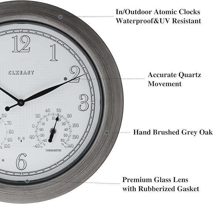 CLXEAST 18 Inch Farmhouse Illuminated Outdoor Atomic Wall Clock with Thermometer & Hygrometer Combo, Night Lighted Wall Clock with Smart Sensor,Brushed Grey Oak Finish