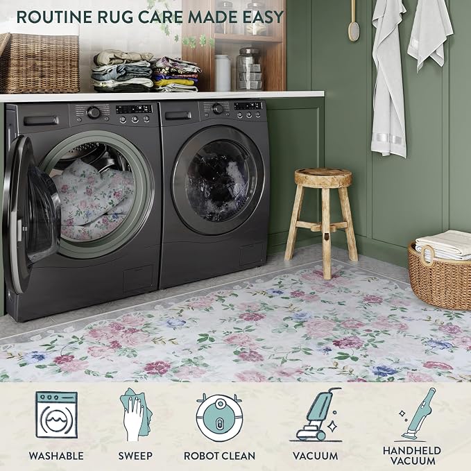 Lahome Purple Rugs for Bedroom, Floral 5x7 Area Rug | Vintage Living Room Rug Non Slip Low Pile Ultra-Thin Large Carpet for Farmhouse Dining Room Kids Nursery Nina (Purple/Grey)