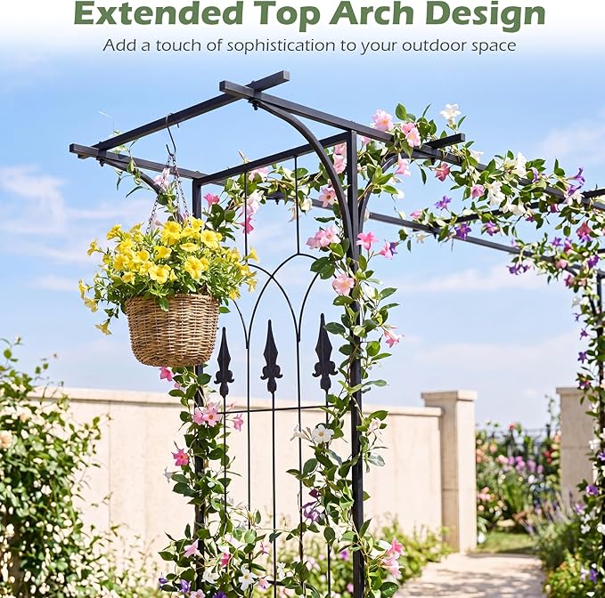 Giantex Metal Garden Arbor with Flat Top Roof, 85" Heavy Duty Outdoor Arch Trellis with Pointed Legs for Climbing Plants, Decorative Wedding Archway for Backyard, Lawn, Party Backdrop