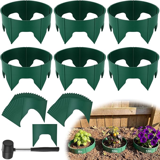 Ripeng 6 Pcs 8-12 Inch Planting Grow Rings for Outdoor Plants Green Adjustable Planting Ring Interlocking Garden Ring with Rubber Mallet to Separate Rock Pest for Deep Watering Veggies Herbs Flowers