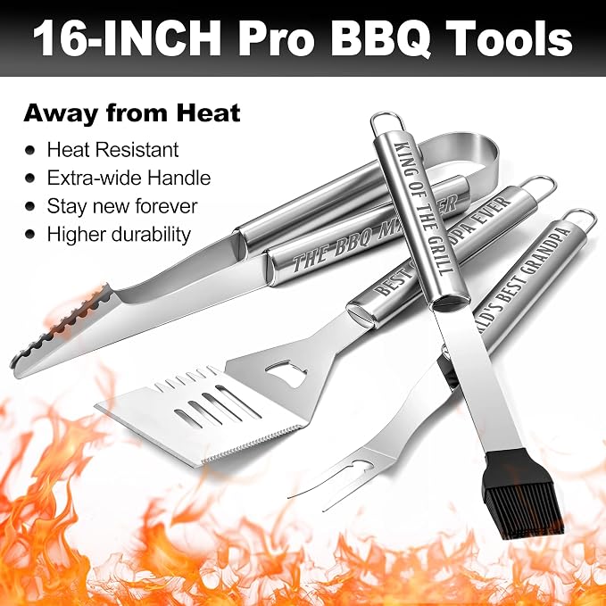 Grandpa Gifts from Grandkids, Grilling Accessories, Heavy Duty Stainless Steel BBQ Grill Tools for Outdoor Grill with Aluminum Case, Grandpa Grill Utensils Ideal Fathers Day Grilling Gift