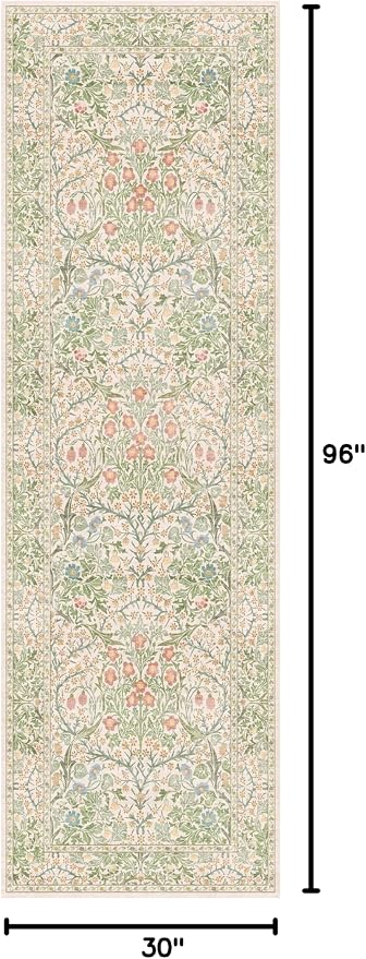 Vintage Beige Green 2'6" x 8' Runner Rug for Kitchen, Hallway, Bathroom, Entryway Indoor, Laundry Room, Washable Non Slip Rubber Backing Stain Resistant