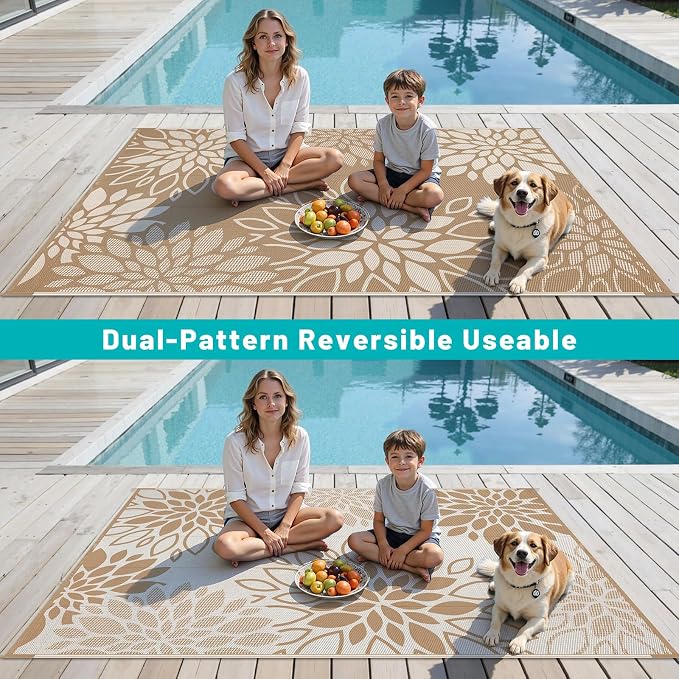 HEBE Waterproof Outdoor Rug 5x8 for Patios, Floral Reversible Plastic Straw Rug Patio Mat, Indoor Outdoor Carpet RV Mat Camping Rug for Deck, Camper, Porch, Balcony, Backyard, Picnic
